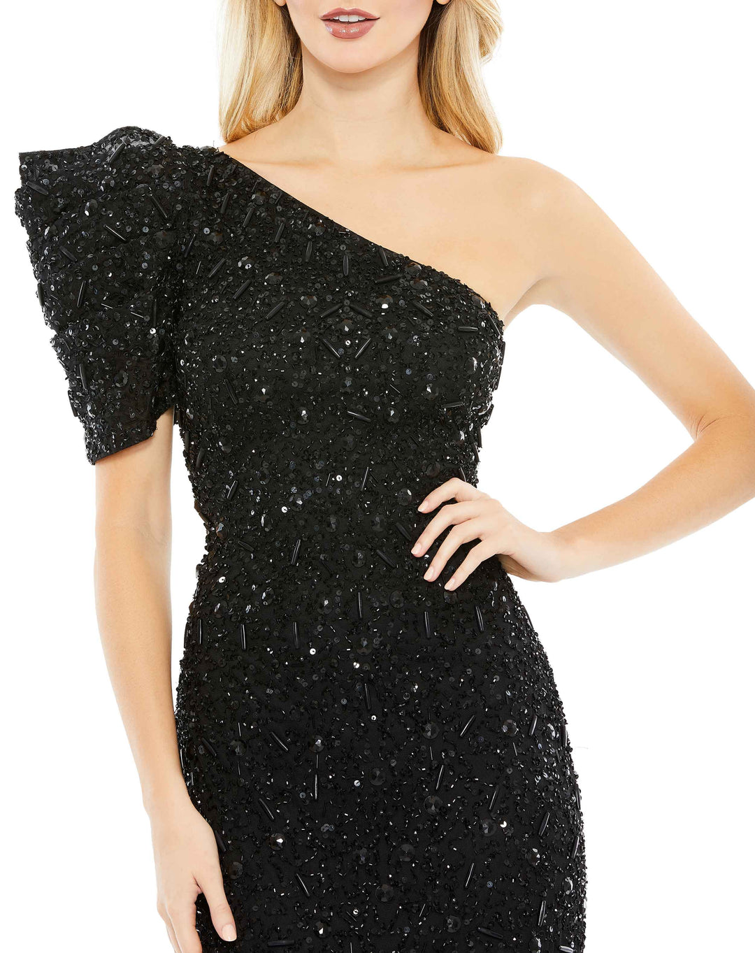 Embellished Puff One Shoulder Column Gown - FOSTANI