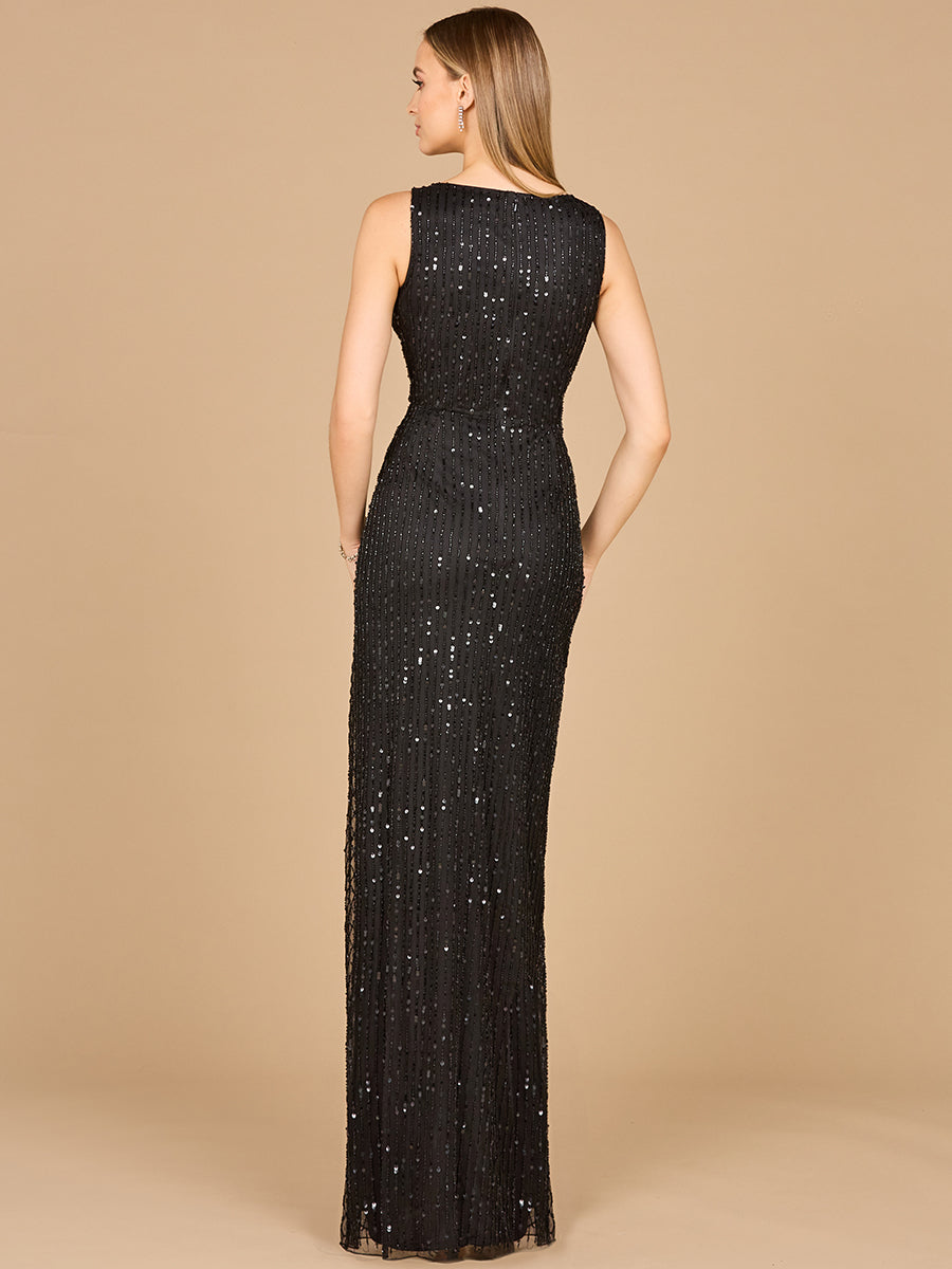 Lara 29096 - Beaded Black Gown with Slit - FOSTANI