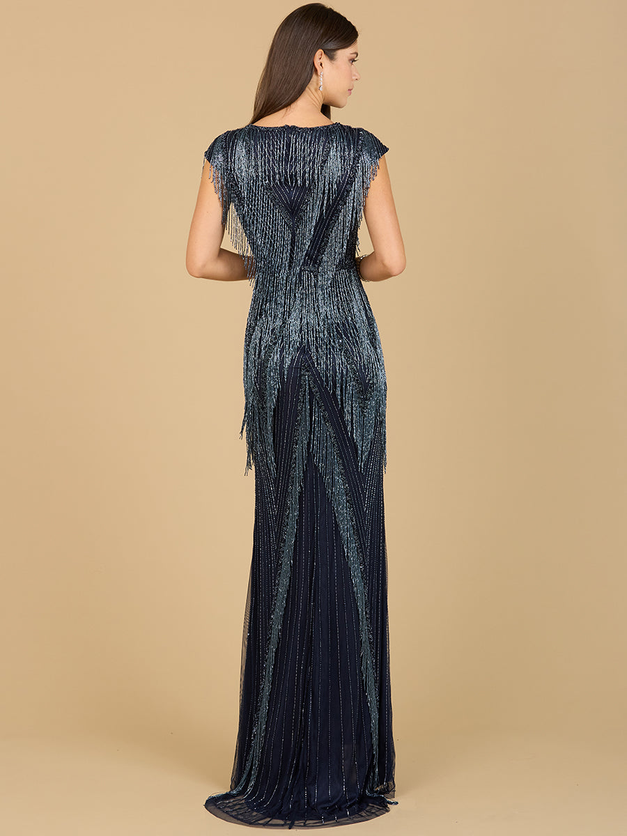 Lara 29167 - Beaded Fringe V-Neckline Dress with Cap Sleeves - FOSTANI