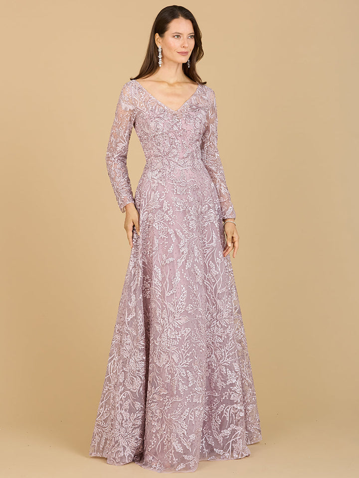 Lara 29200 - A-line Gown With Long Sleeves, V-Neckline - FOSTANI