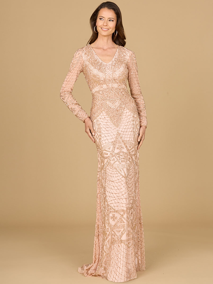 Lara 29215 - Long Sleeve Beaded Dress - FOSTANI