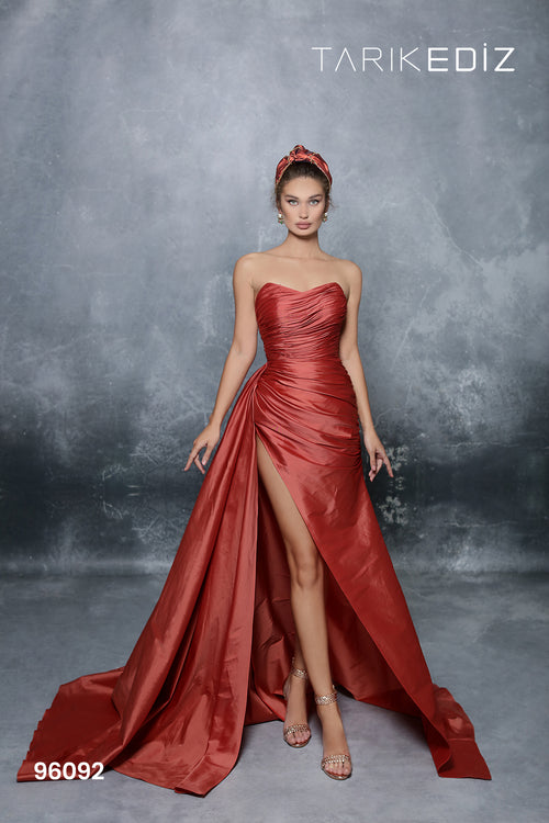 Tarik Ediz 96092 Strapless Ruched Evening Gown with Overskirt