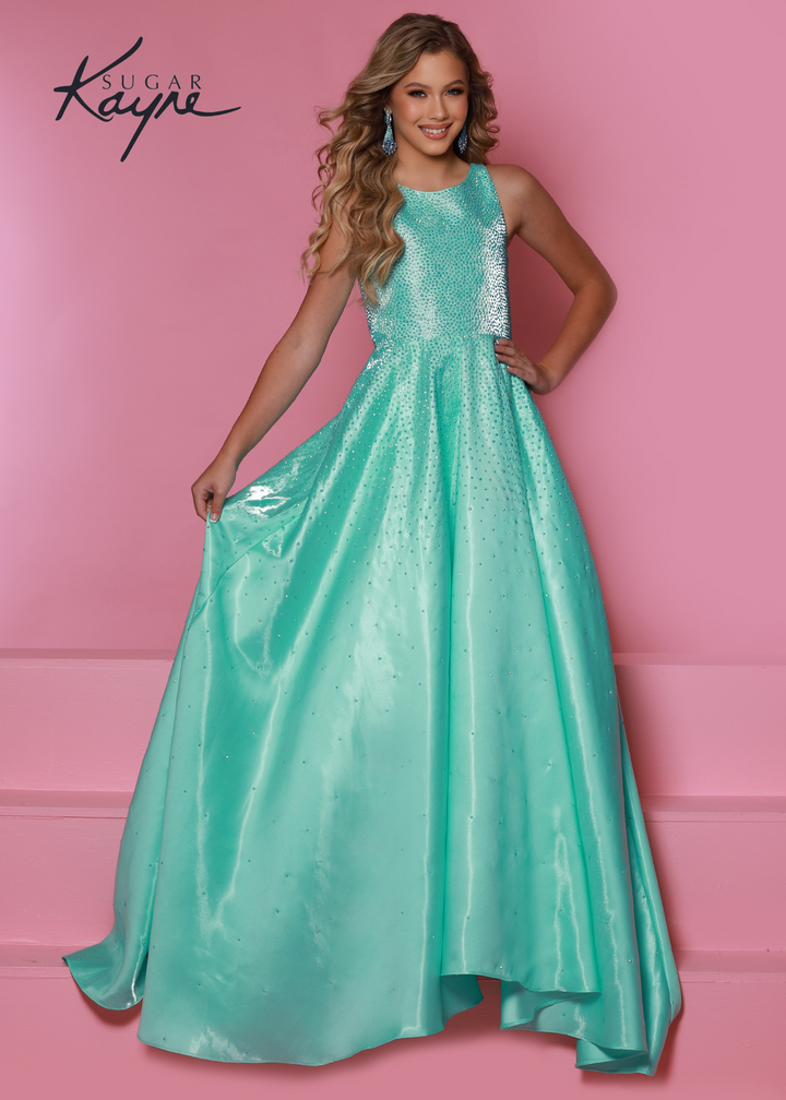 Sugar Kayne C322 Long Shimmer Satin A Line Girls Pageant Dress Embellished Gown Train - FOSTANI