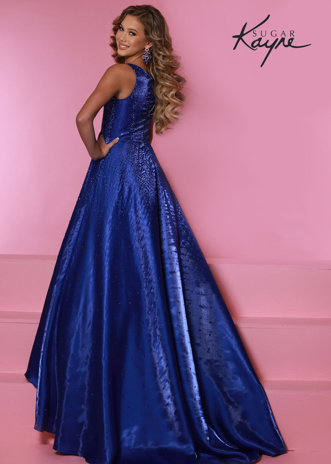 Sugar Kayne C322 Long Shimmer Satin A Line Girls Pageant Dress Embellished Gown Train - FOSTANI