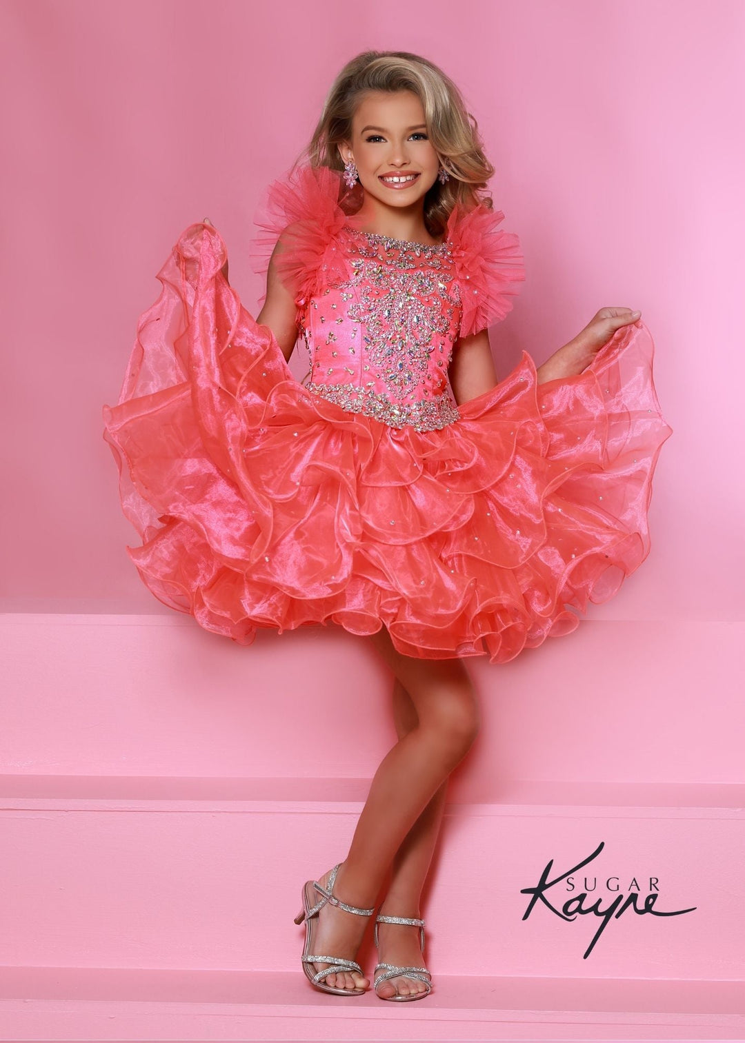 Sugar Kayne C211 Short Ruffle Cupcake Pageant Dress Crystal High Neck Girls Gown - FOSTANI