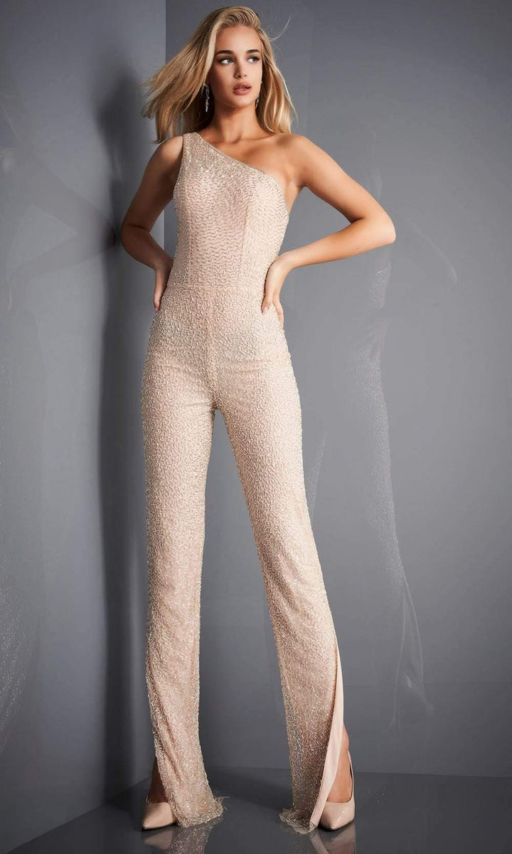 Jovani - 3816 Beaded One Shoulder Split Jumpsuit - FOSTANI