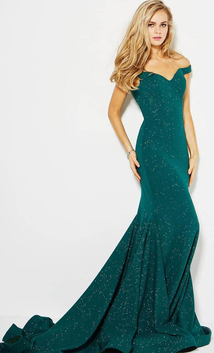 Jovani - 55187 Off-Shoulder Glittered Mermaid Gown - FOSTANI