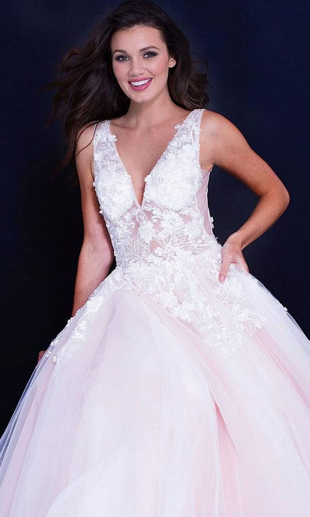 Jovani 55634 Sheer Floral Appliques V-Neck  Ballgown - FOSTANI