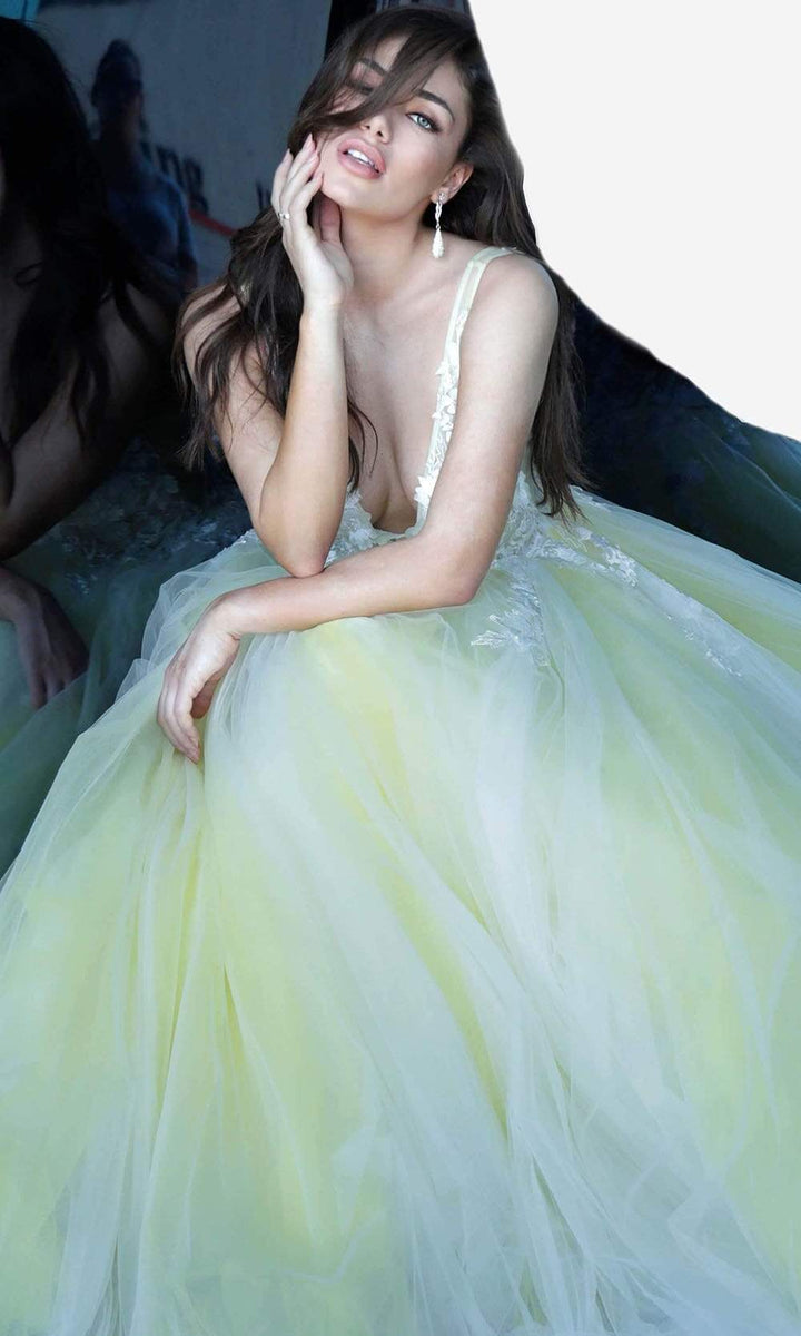 Jovani 55634 Sheer Floral Appliques V-Neck  Ballgown - FOSTANI