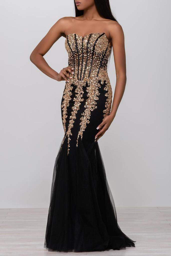 Jovani 5908 Strapless Sweetheart Corset Illusion Bodice Mermaid Gown - FOSTANI