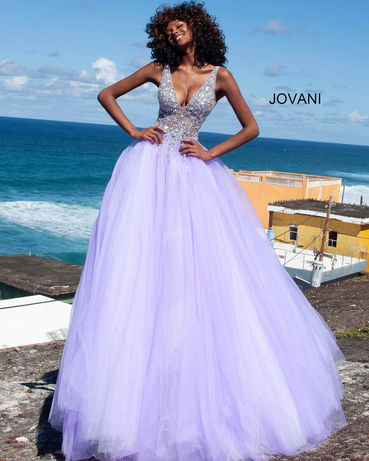 Jovani - 65379 Crystal Embellished Plunging V-neck Ballgown - FOSTANI