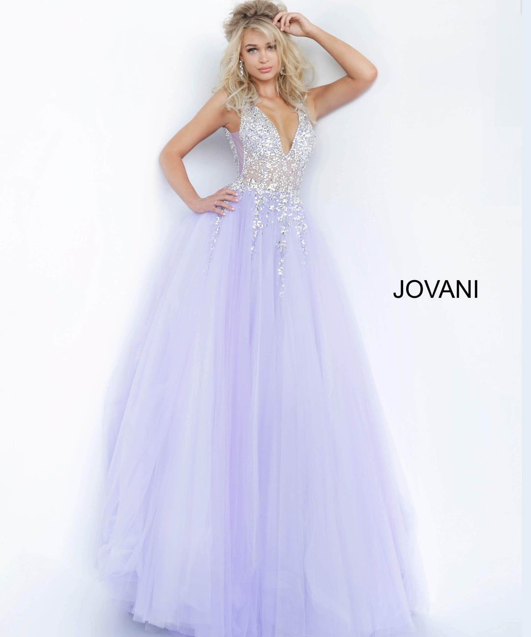 Jovani - 65379 Crystal Embellished Plunging V-neck Ballgown - FOSTANI