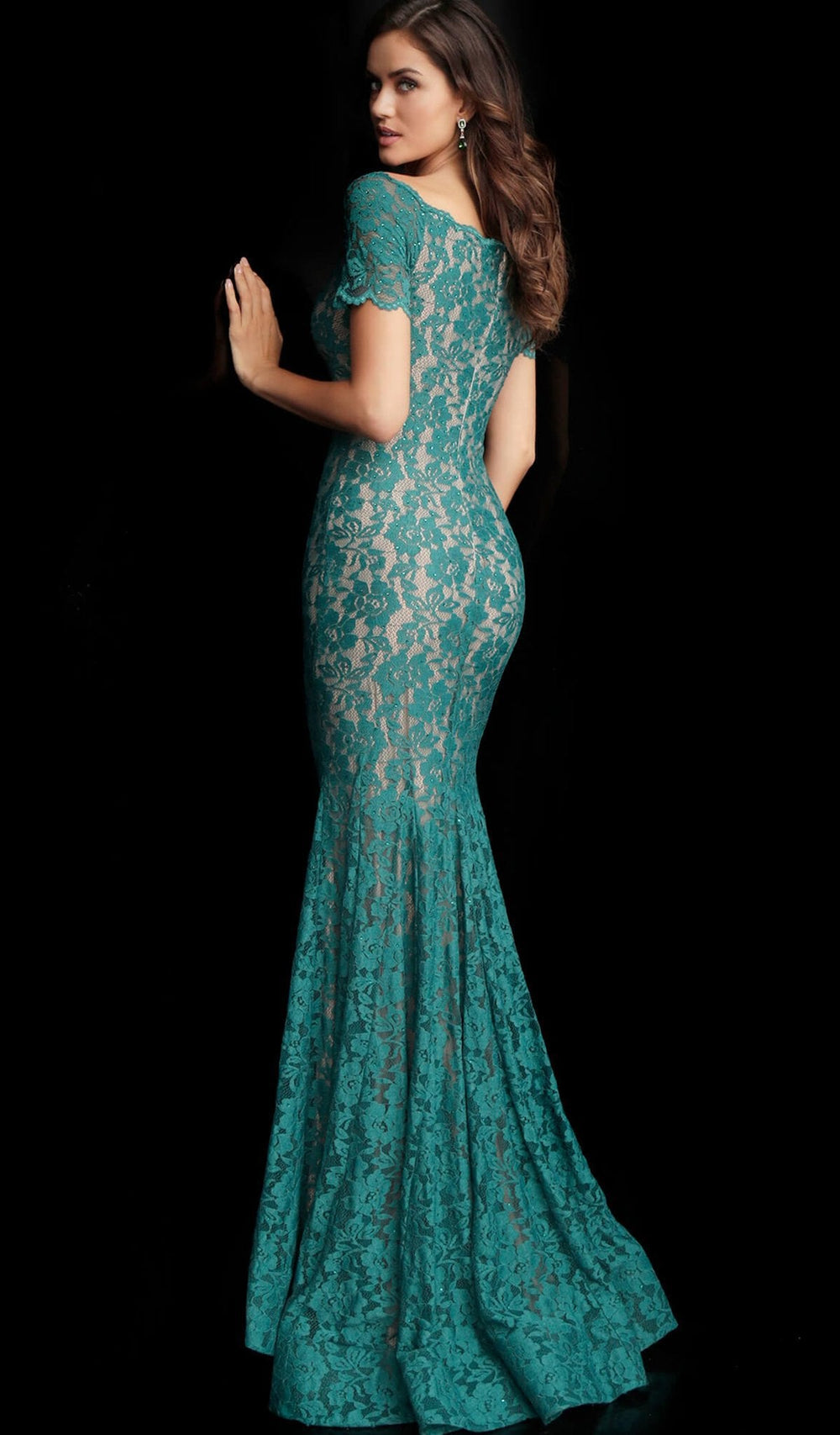 Jovani - 66730 Embellished Lace Short Sleeve V-neck Trumpet Dress - FOSTANI