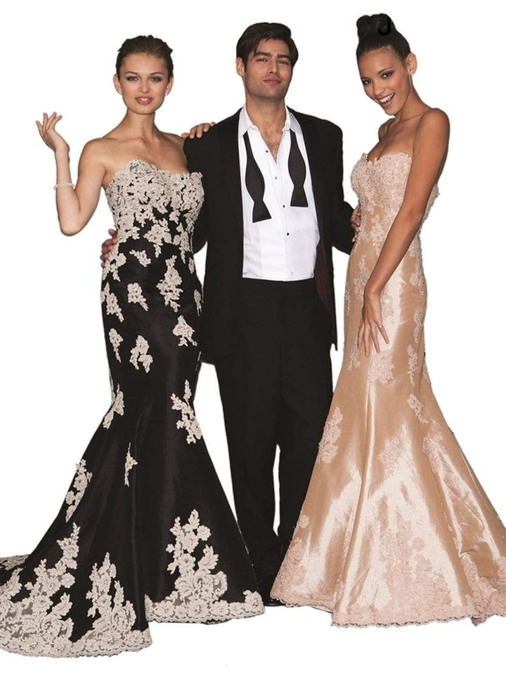 Jovani - 89462 Lace Appliqued Strapless Mermaid Gown - FOSTANI