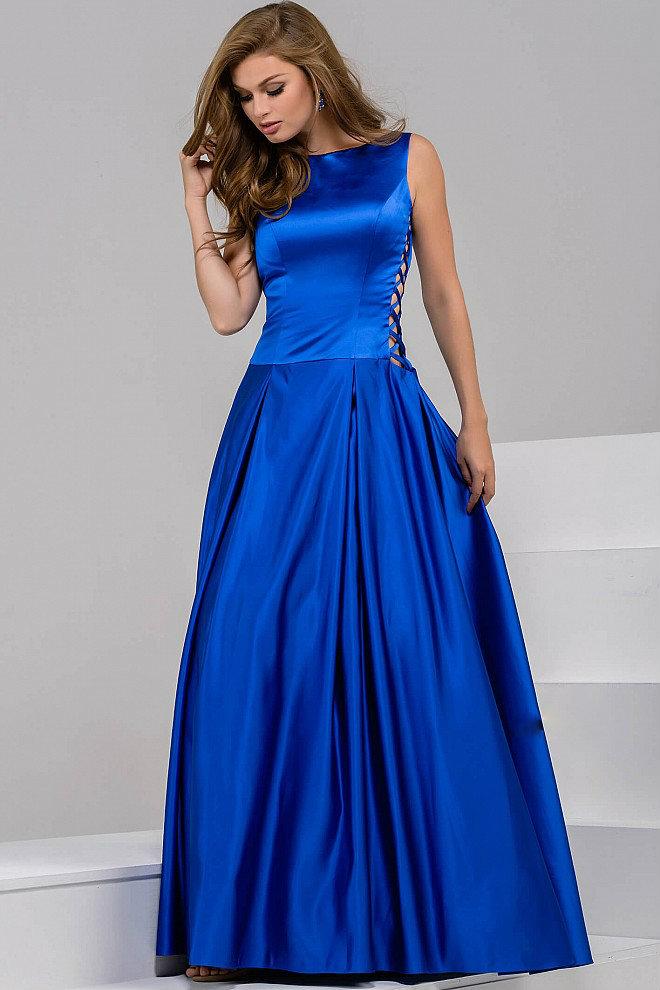 Jovani - Stunning Satin Boat Neckline V Back Ball Gown 42470 - FOSTANI