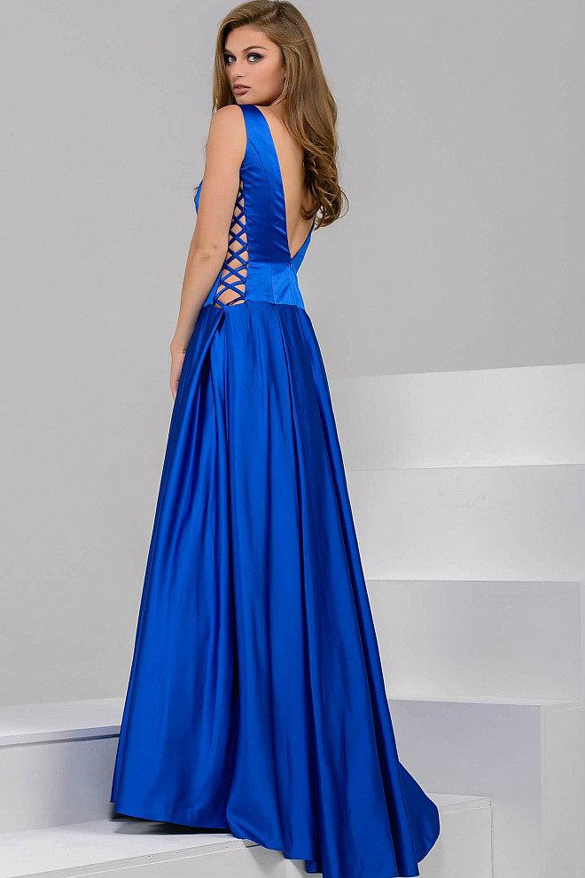 Jovani - Stunning Satin Boat Neckline V Back Ball Gown 42470 - FOSTANI