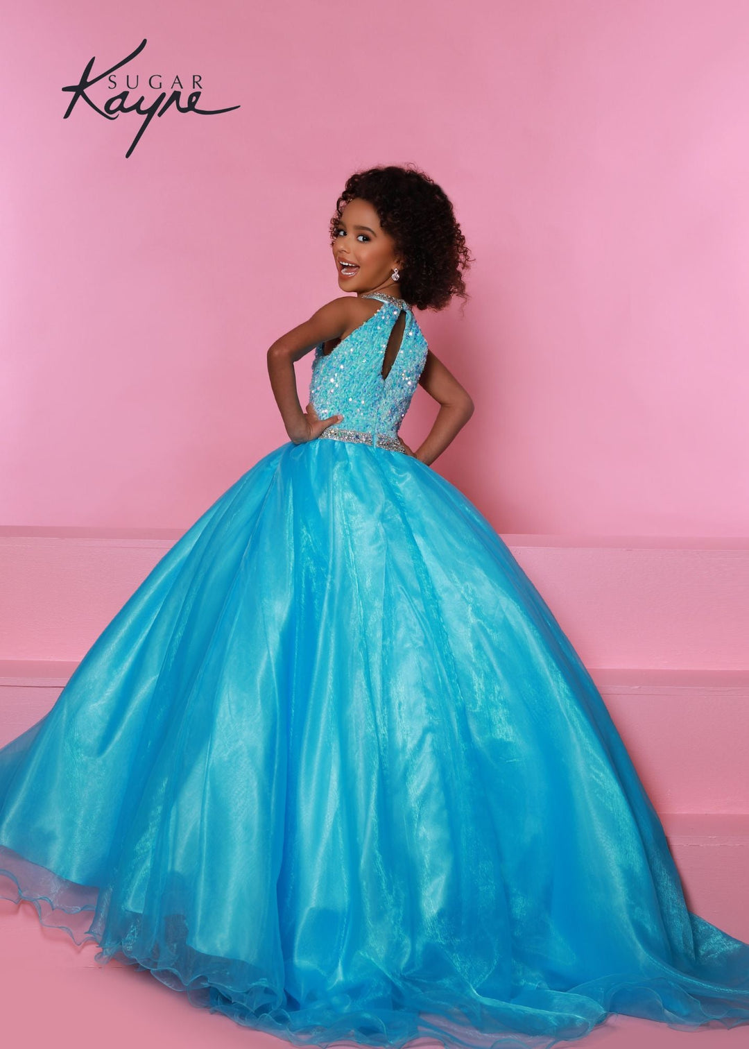 Sugar Kayne C321 Velvet Sequin High neck Girls Pageant Dress Shimmer Ballgown Formal - FOSTANI